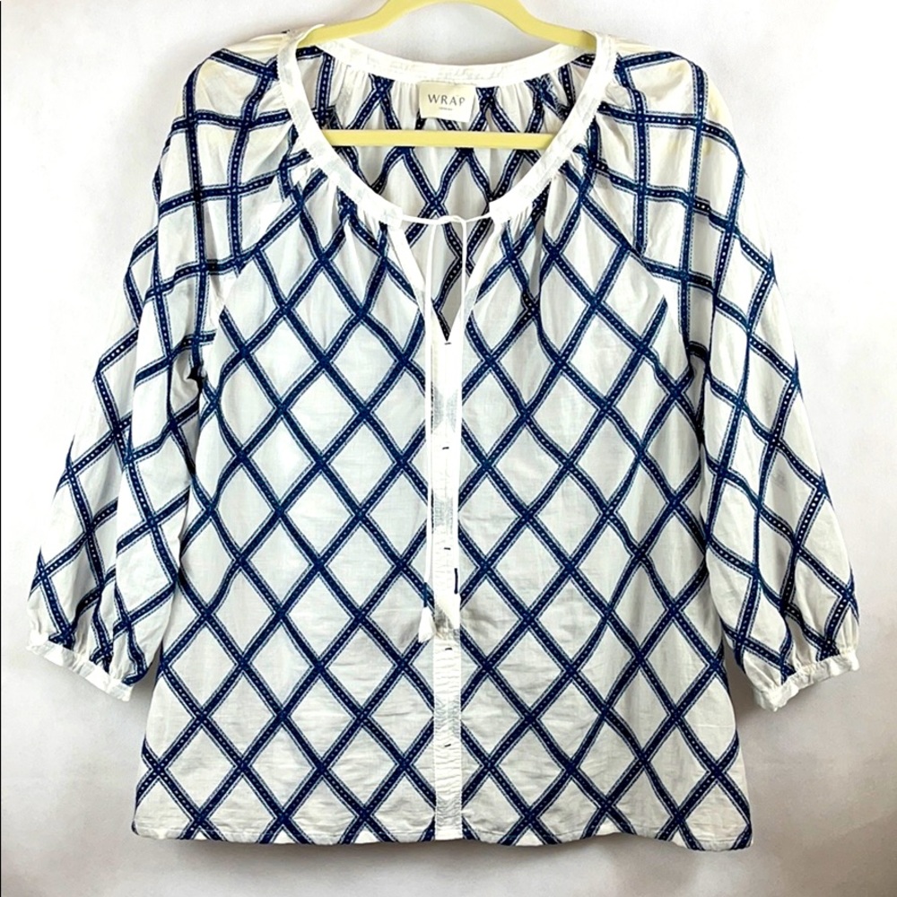 WRAP London Blue & White Boho Peasant Top